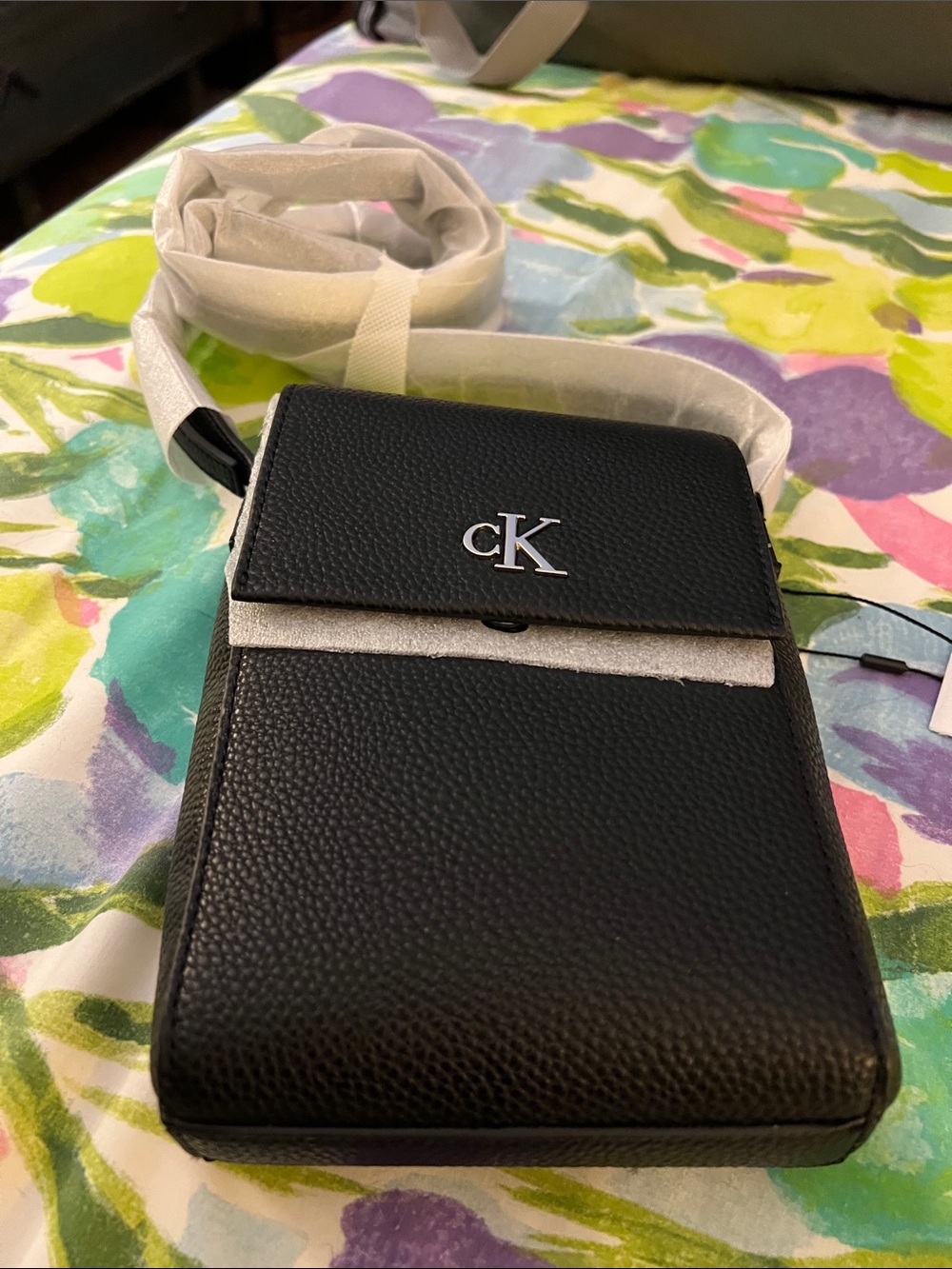 Calvin Klein Black Pebbled Crossbody Phone Pouch with Silver CK Logo